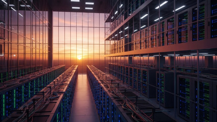 Modern Data Center Server Room with Rows of Rack Servers at Sunset