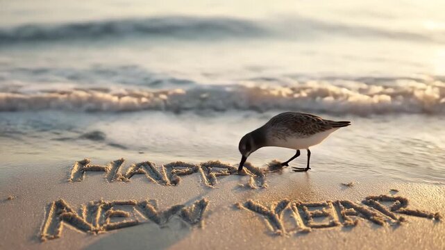 Sandpiper writing Happy New Year on a sandy beach creating a festive holiday message with ocean waves in the background