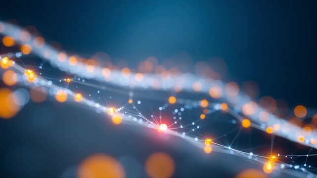 Digital Network Brilliance: A mesmerizing display of interconnected digital lights forms a dynamic network against a deep blue background, showcasing modern technology's intricate structure. 