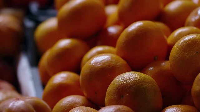 Close-up view of harvested oranges piled high at a market stall, their glossy peels glistening with moisture under soft light, showcasing citrus freshness and texture.