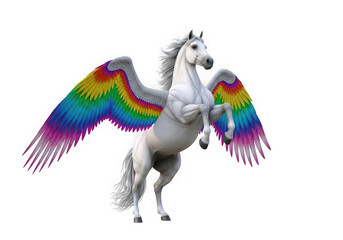 Mythical white pegasus with rainbow wings rearing on isolated background isolated on transparent background
