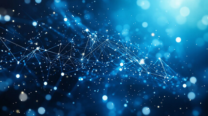 Futuristic geometric net of dots and triangular connections over bright blue cyberspace, highlighted with white volumetric lights, sleek depth, and seamless looping motion.