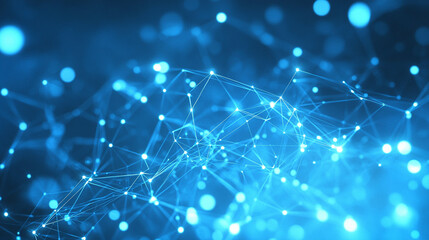 Futuristic geometric net of dots and triangular connections over bright blue cyberspace, highlighted with white volumetric lights, sleek depth, and seamless looping motion.