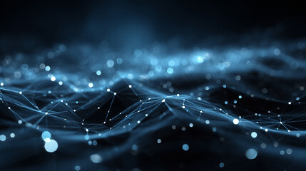 Futuristic geometric net of dots and triangular connections over bright blue cyberspace, highlighted with white volumetric lights, sleek depth, and seamless looping motion.