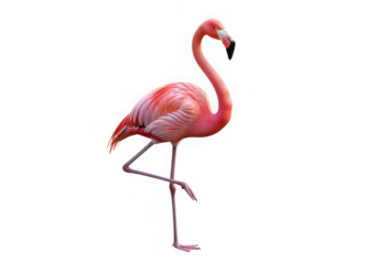 Flamingo standing on one leg with pink feathers isolated on black background isolated on transparent background