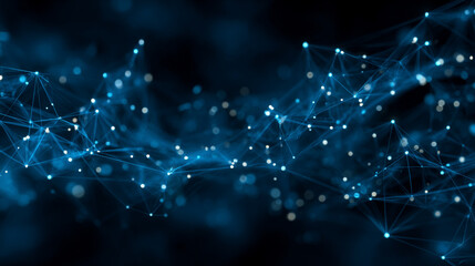 Futuristic geometric net of dots and triangular connections over bright blue cyberspace, highlighted with white volumetric lights, sleek depth, and seamless looping motion.