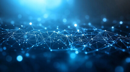 Futuristic geometric net of dots and triangular connections over bright blue cyberspace, highlighted with white volumetric lights, sleek depth, and seamless looping motion.