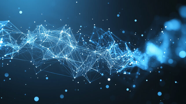 Futuristic geometric net of dots and triangular connections over bright blue cyberspace, highlighted with white volumetric lights, sleek depth, and seamless looping motion. - Powered by Adobe