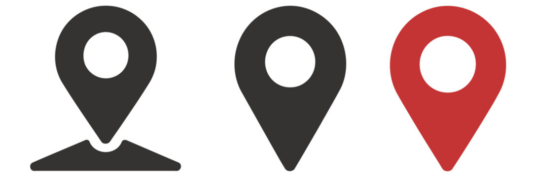 Location Icon Map Pin Set: Outline, Black, and Red Styles Vector.