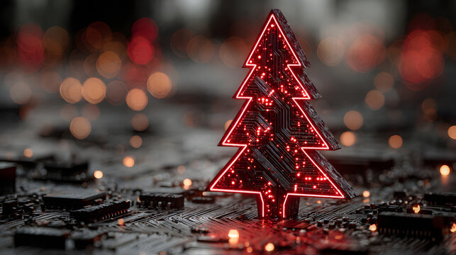 A digital Christmas tree made of neon red microchips stands on a motherboard base. Luminescent circuitry lights create a festive atmosphere. Abstract technology concept.