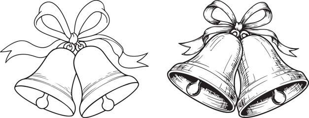 Hand drawn christmas bells with ribbon vector illustration for holiday design