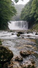 Cascading waterfall in a lush forest valley