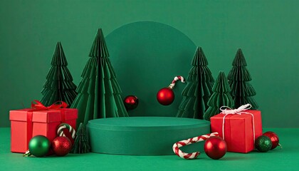 Festive Christmas display with red gifts, ornaments, and paper trees on green background.