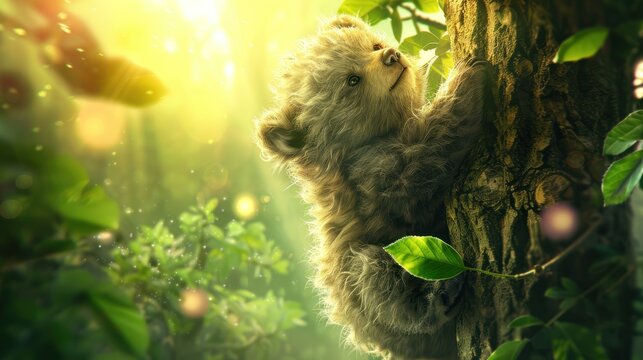 Cute Baby Lion Cub Climbing Tree in Bright Forest Scene