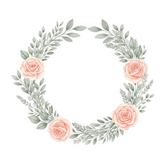 Fototapeta premium Pink rose and green leaf floral wreath isolated on transparent background