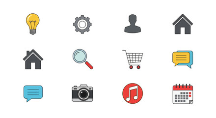 Collection of Various Icons Lightbulb, Gear, User, Home, Magnifying Glass, Cart, Speech Bubbles, Camera, Music, Calendar