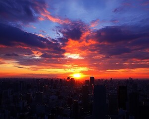Fototapeta premium City sunset, vibrant sky, silhouettes