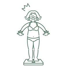 体重計に乗り、増えた体重に驚愕する40代女性のイラスト　線画のみ