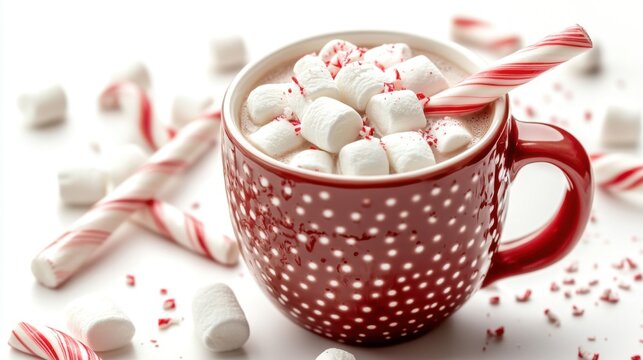 A festive hot cocoa cup topped with marshmallows and candy canes