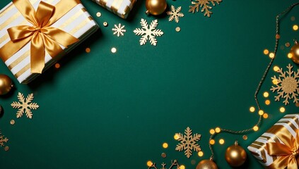 Dark green Christmas background with golden snowflakes and gift boxes corner decoration