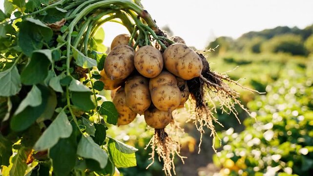 Freshly harvested organic potatoes with green leaves and roots in sunny agricultural field cultivation farming produce