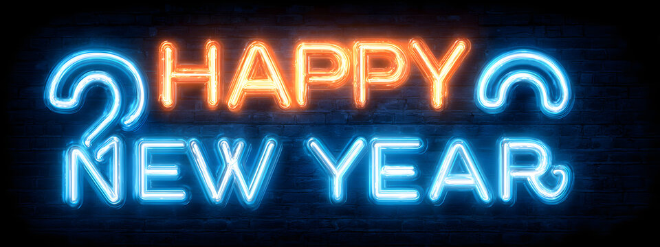 Happy New Year 2026 greeting card design template on blue background. New Year 2026 concept with neon light line sparkler firework on blue background