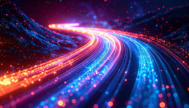 Abstract glowing light trails of red and blue forming a winding path in darkness luminous