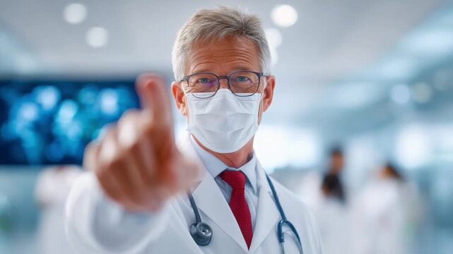 Attentive Doctor: A professional doctor in a medical environment, wearing a surgical mask and glasses, points towards the viewer. The image captures the focus and directness of a medical professional.