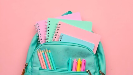 Pastel school supplies in a teal backpack on a pink background, ready for back to school.