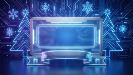 Futuristic digital holiday theme with glowing neon trees snowflakes and a central display screen