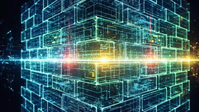 Abstract digital network architecture with glowing lines and interconnected data blocks, symbolizing advanced technology, big data, and future information systems - Powered by Adobe
