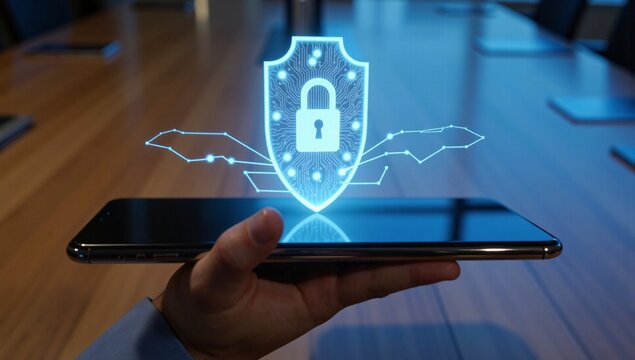 Cyber Security Concept. Hand Holding Smartphone with Glowing Digital Shield and Padlock Icon. Data Protection and Privacy - Powered by Adobe