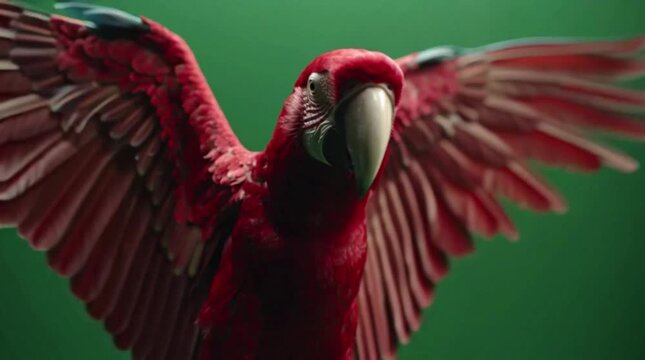Close-up of a vibrant red macaw with wings spread against a blurred green background.