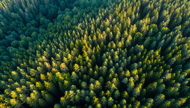 Aerial view of a dense green forest with sunlight filtering through the trees image photo - Powered by Adobe
