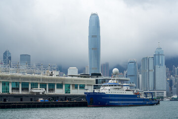 A research vessel docked at a pier in Hong Kong, China