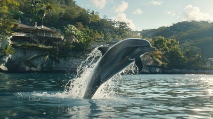 Obraz premium Dolphin Leaping Out of Water in Natural Coastal Environment with Green Hills and Bright Sky