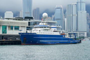 A research vessel docked at a pier in Hong Kong, China