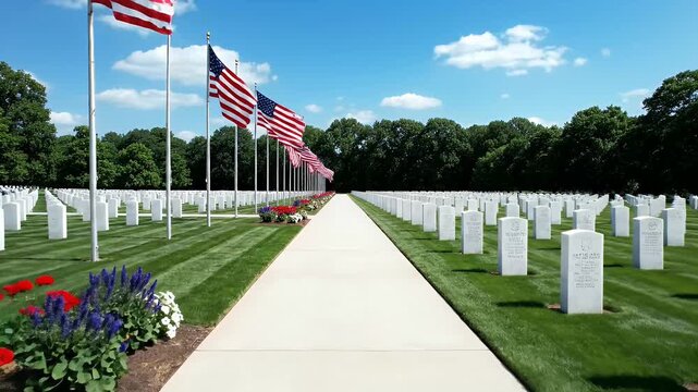 Rows of white headstones and flags at a military cemetery memorial
