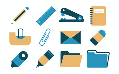 Set of isolated flat design office and school supplies icons, including pencil, ruler, stapler, notebook, and folders.