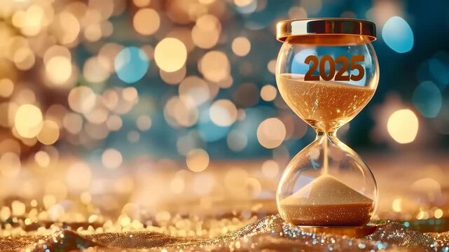 A Symbolic and Festive Image Featuring a Glitter-Covered Hourglass with the Year 2025 Embossed, Set Against a Shimmering Bokeh Background