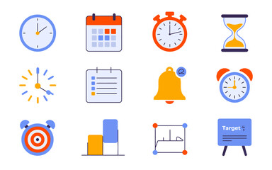 Efficient time management, productivity, and goal setting flat vector icon collection illustrating planning, tasks, and deadlines.