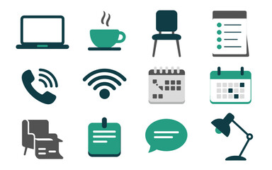 Modern office and communication icons set featuring laptop, phone, wifi, calendar, coffee, and essential work items.