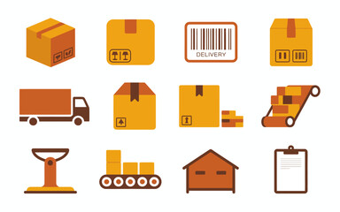 Logistics and shipping service icons featuring a delivery truck, parcels, warehouse, barcode, and conveyor belt operations.