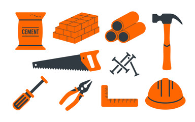 Building construction vector set: essential tools, materials, and safety equipment like hard hat, hammer, saw, cement, bricks, pipes.