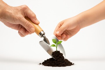 Older hand and child hand holding wooden handle of shiny garden shovel together resting on small pile of soil