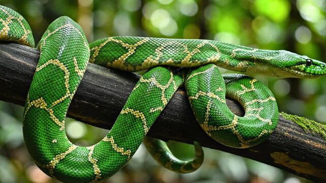 Green Emerald Tree Boa Snake Coiled on a Branch in the Jungle.