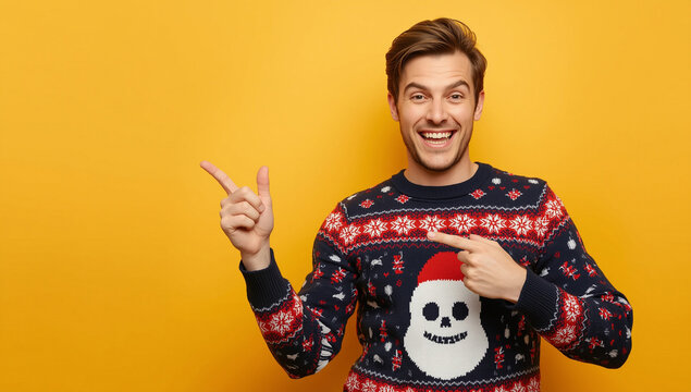 Excited man in a festive christmas sweater pointing to copy space.
