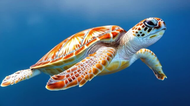 A detailed shot of a sea turtle swimming gracefully in blue water