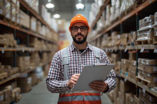 Serious and focused male warehouse manager or logistics worker wearing a safety vest and hard hat, holding a clipboard while standing in an aisle between tall shelves of inventory.
