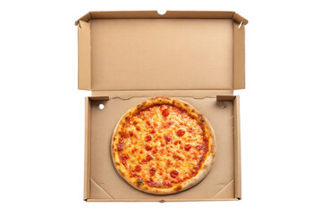 Delicious pizza with tomato and cheese in cardboard box isolated on white background